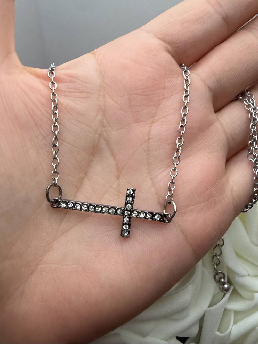 Silver-Tone Crystal Sideways Cross Necklace - Silver